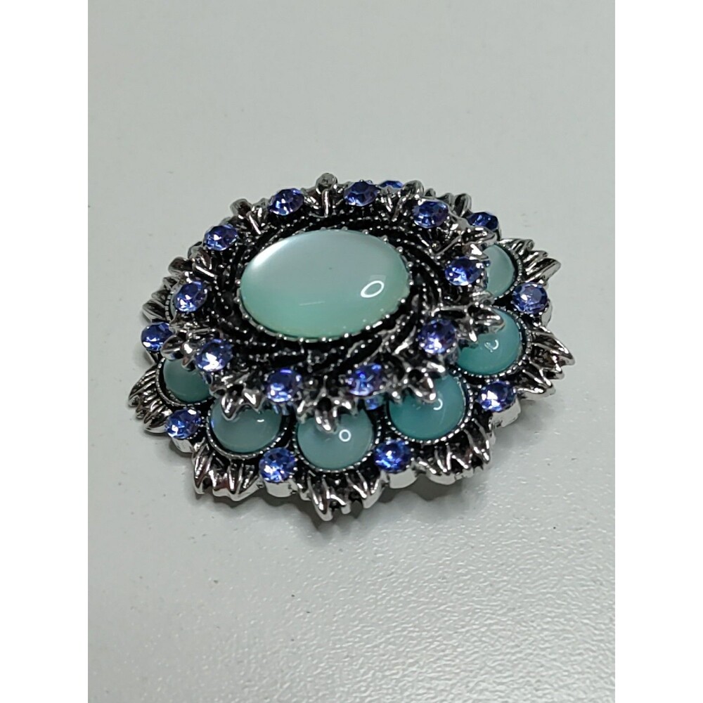 Oval 2 Tone Blue Rhinestone Brooch Fashion Brooch 2" X 1.75" 2 Layer - Picture 3 of 5